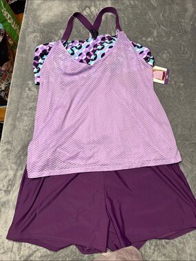 NWTS ZeroXposur Purple Mesh Tankini w/Plum Swim Shorts Sz XXL